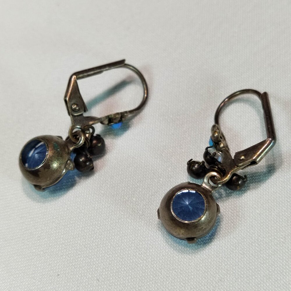1950's Big Blue Rhinestone Dangle Hook Earrings - Picture 2 of 3
